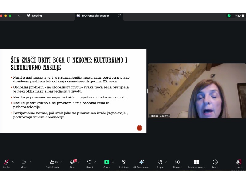 23.03.2026. godine počela je FER (Feminizam i religija) online škola sa kolegijem o rodno zasnovanom nasilju pod nazivom „Ko je ubio Boga u njoj?“. Riječ je o snažnom i simbolički bogatom pitanju koje otvara prostor za dublje razumijevanje odnosa između religije, moći i nasilja nad ženama a koje je otvorila prof. dr. Lidija Radulović iz Beograda.